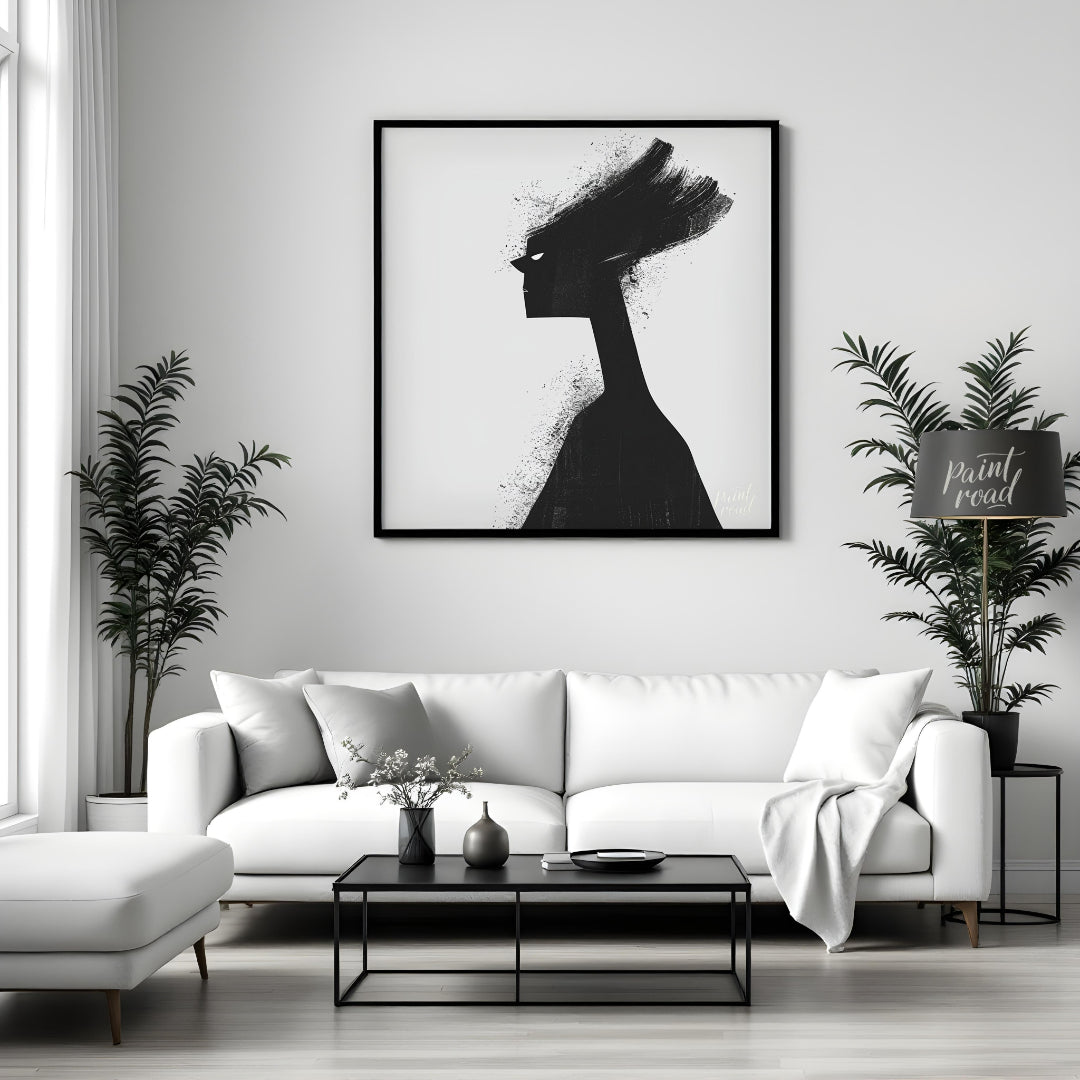 This striking digital artwork features a stylized, silhouetted figure rendered in stark black again… for living room