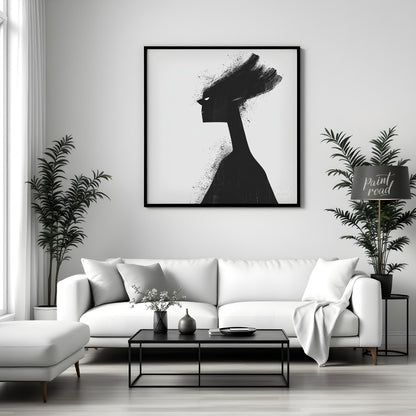 This striking digital artwork features a stylized, silhouetted figure rendered in stark black again… for living room