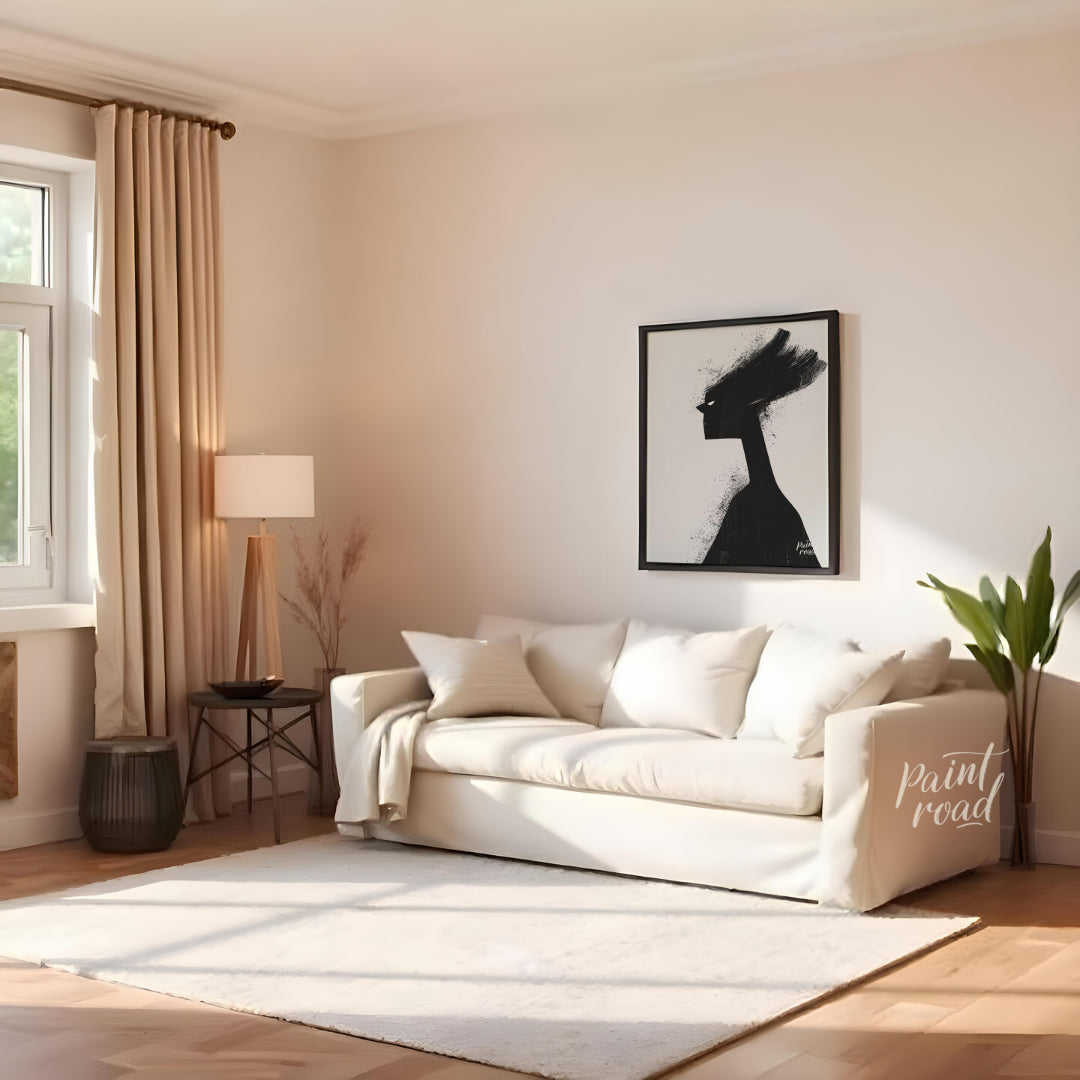 This striking digital artwork features a stylized, silhouetted figure rendered in stark black again… for living room