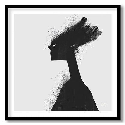 This striking digital artwork features a stylized, silhouetted figure rendered in stark black again… for space