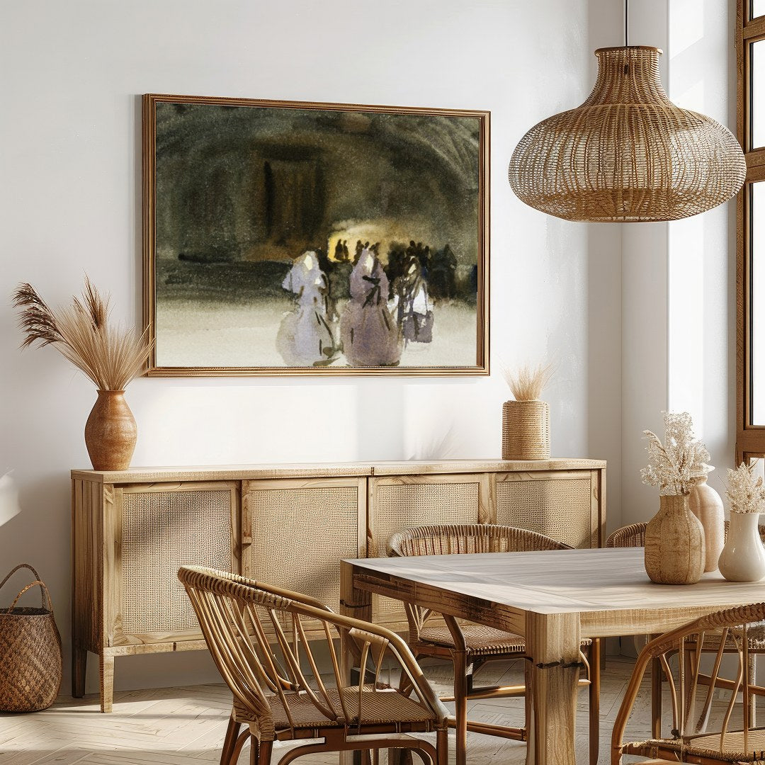 This evocative piece captures the mystique of an ancient gathering, blending shadowy figures with for Dining