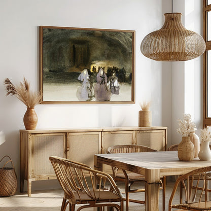 This evocative piece captures the mystique of an ancient gathering, blending shadowy figures with for Dining