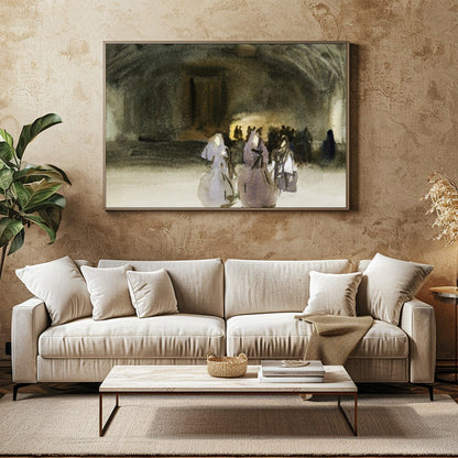 This evocative piece captures the mystique of an ancient gathering, blending shadowy figures with for Family Room