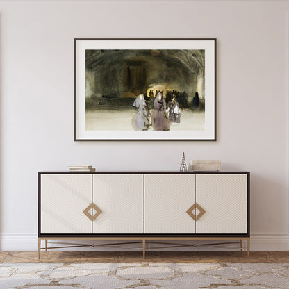 This evocative piece captures the mystique of an ancient gathering, blending shadowy figures with for Foyer