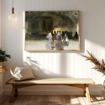 This evocative piece captures the mystique of an ancient gathering, blending shadowy figures with for gallery