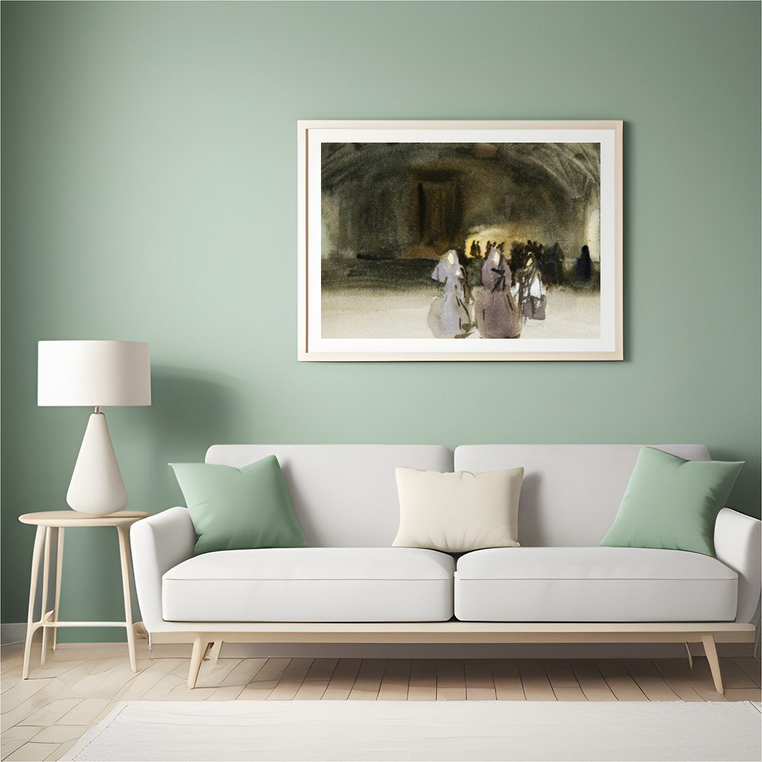 This evocative piece captures the mystique of an ancient gathering, blending shadowy figures with for Hall