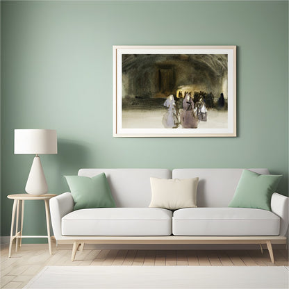 This evocative piece captures the mystique of an ancient gathering, blending shadowy figures with for Hall