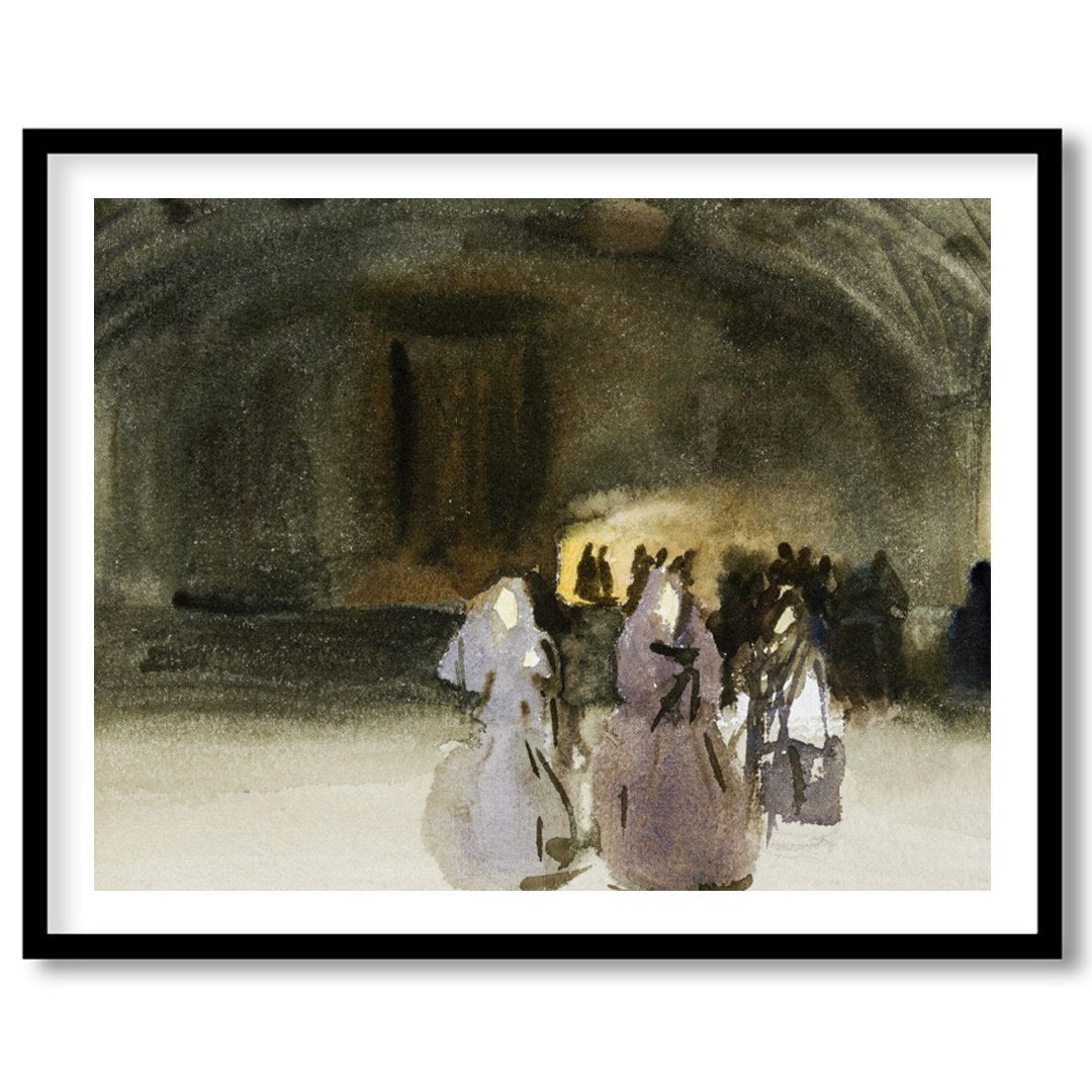 This evocative piece captures the mystique of an ancient gathering, blending shadowy figures with for hallway