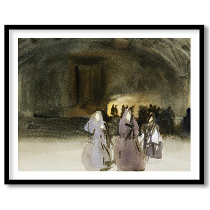 This evocative piece captures the mystique of an ancient gathering, blending shadowy figures with for hallway