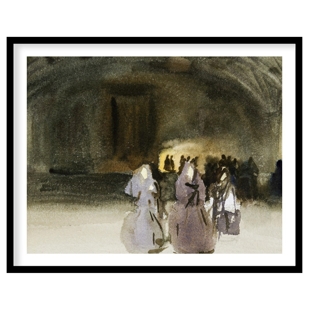 This evocative piece captures the mystique of an ancient gathering, blending shadowy figures with for hallway