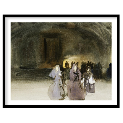 This evocative piece captures the mystique of an ancient gathering, blending shadowy figures with for hallway
