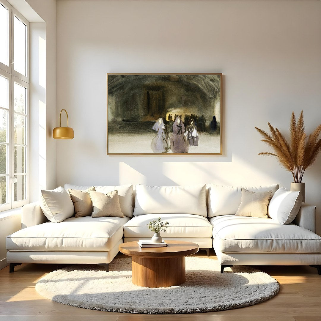 This evocative piece captures the mystique of an ancient gathering, blending shadowy figures with for Living Room