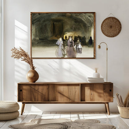 This evocative piece captures the mystique of an ancient gathering, blending shadowy figures with for Sitting Area