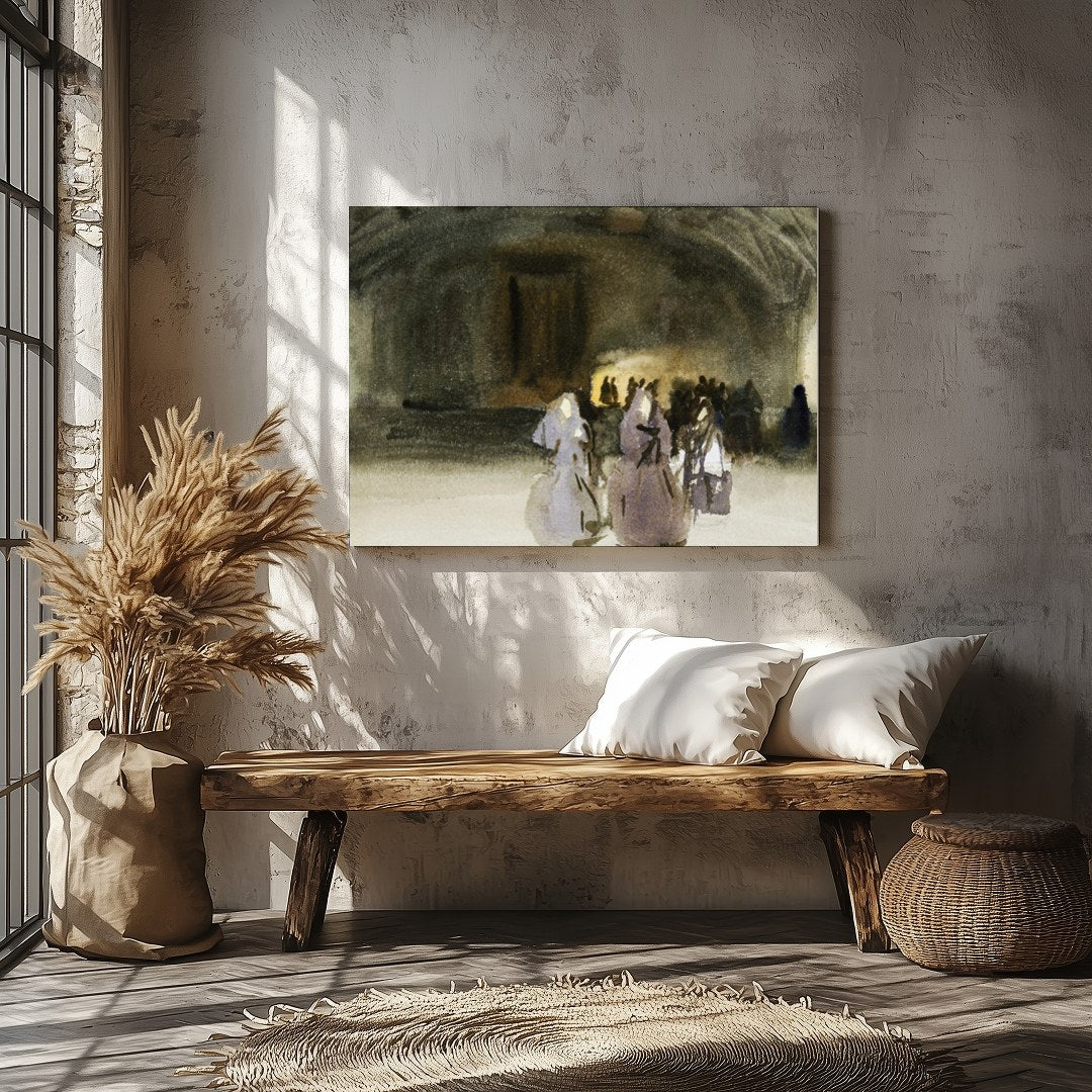 This evocative piece captures the mystique of an ancient gathering, blending shadowy figures with for Veranda
