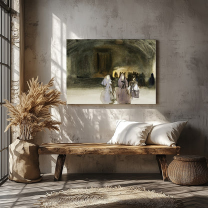 This evocative piece captures the mystique of an ancient gathering, blending shadowy figures with for Veranda