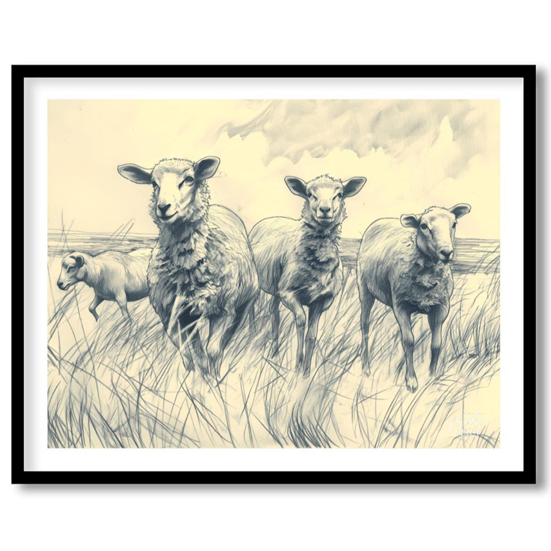 This charming pencil sketch depicts a group of sheep standing in a grassy meadow under a cloudy sky… for abode