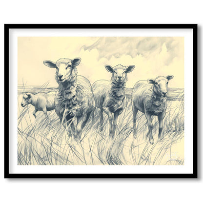 This charming pencil sketch depicts a group of sheep standing in a grassy meadow under a cloudy sky… for abode