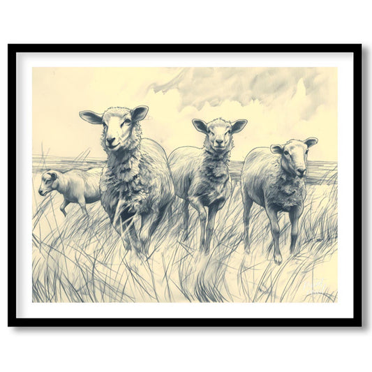 This charming pencil sketch depicts a group of sheep standing in a grassy meadow under a cloudy sky… for abode