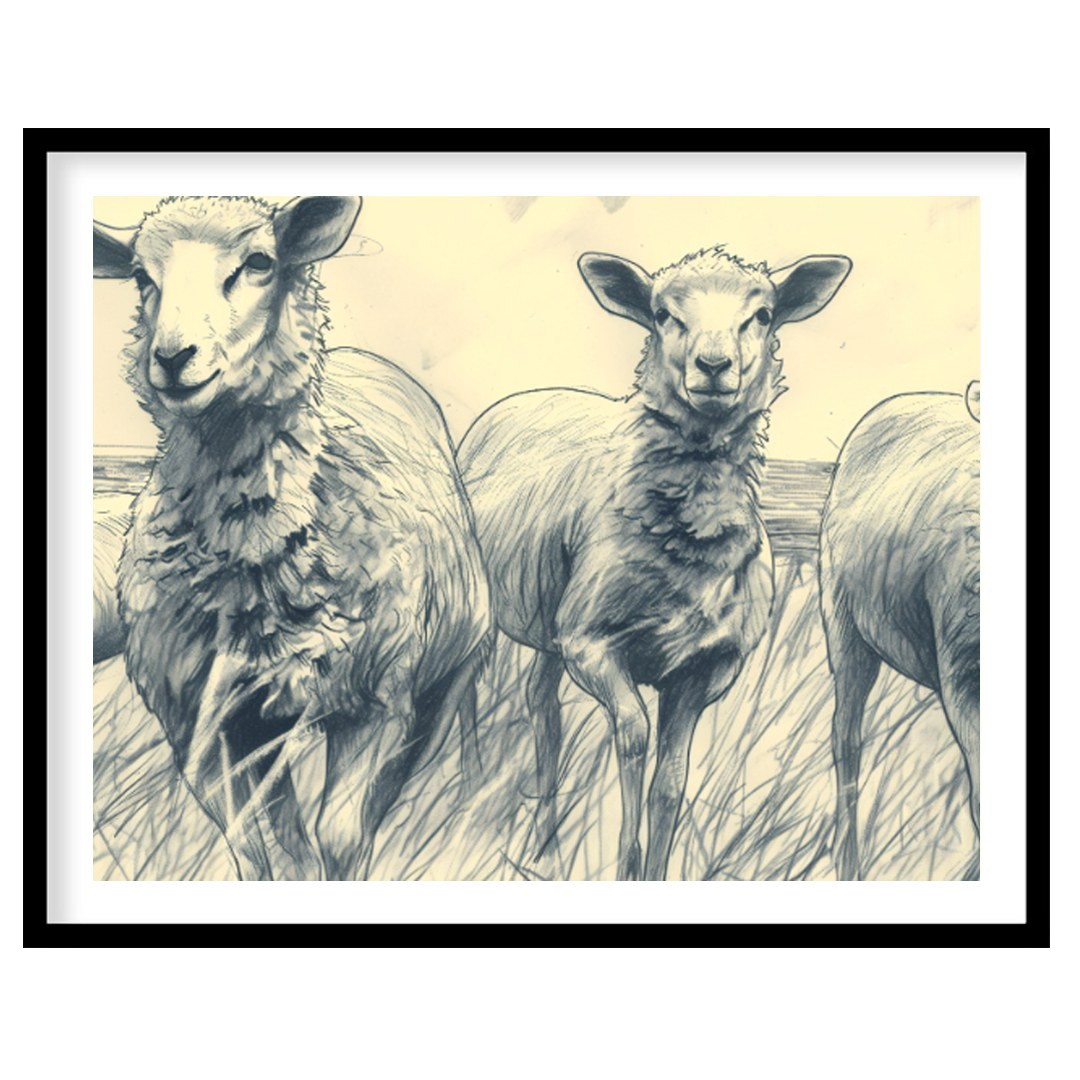 This charming pencil sketch depicts a group of sheep standing in a grassy meadow under a cloudy sky… for abode