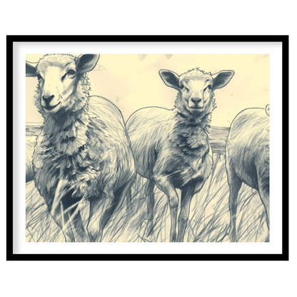 This charming pencil sketch depicts a group of sheep standing in a grassy meadow under a cloudy sky… for abode
