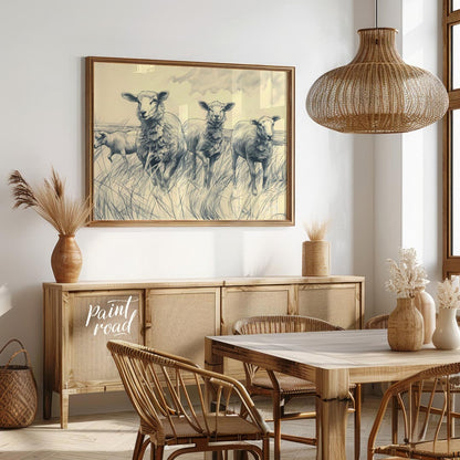 This charming pencil sketch depicts a group of sheep standing in a grassy meadow under a cloudy sky… for dining room