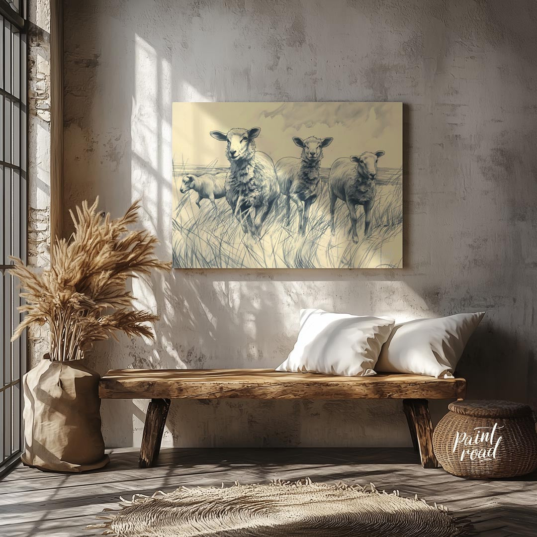 This charming pencil sketch depicts a group of sheep standing in a grassy meadow under a cloudy sky… for entryway