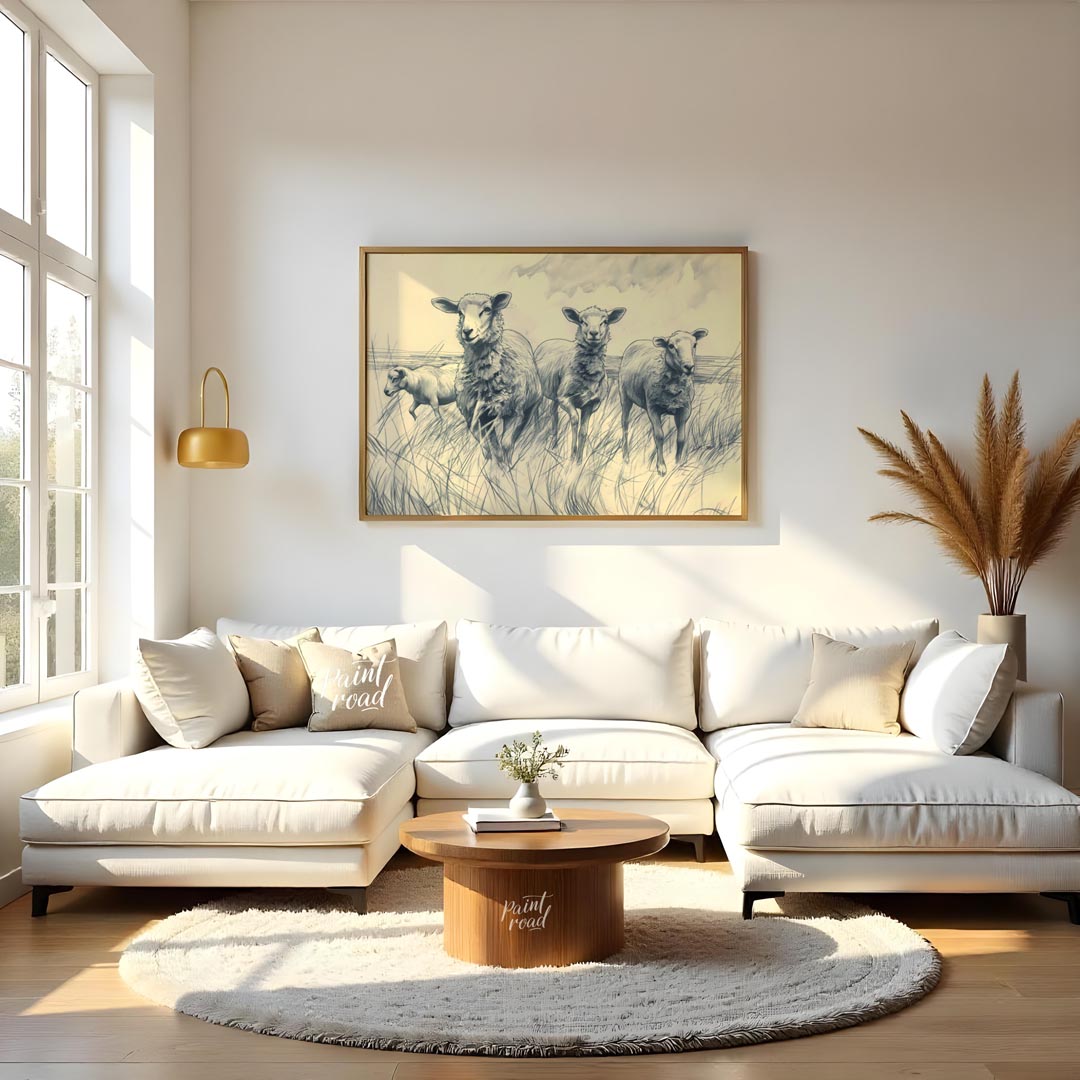 This charming pencil sketch depicts a group of sheep standing in a grassy meadow under a cloudy sky… for living room