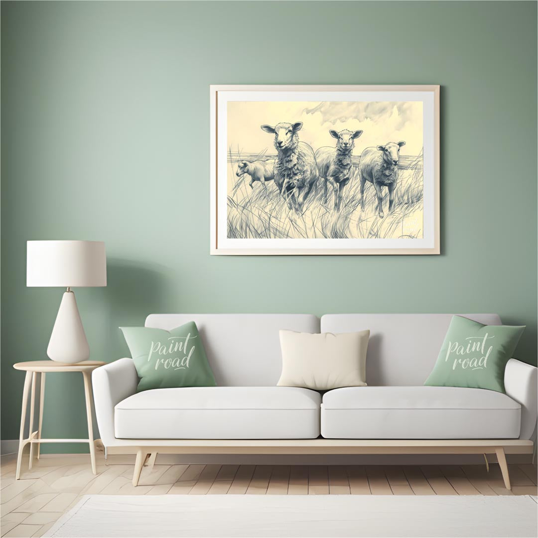 This charming pencil sketch depicts a group of sheep standing in a grassy meadow under a cloudy sky… for living room