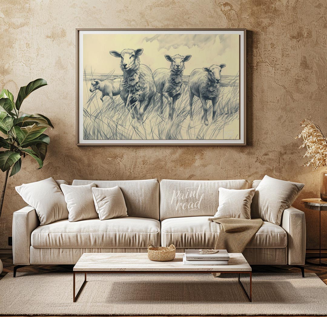 This charming pencil sketch depicts a group of sheep standing in a grassy meadow under a cloudy sky… for living room