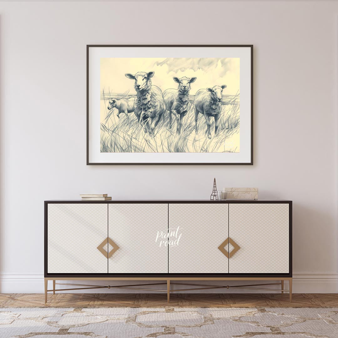 This charming pencil sketch depicts a group of sheep standing in a grassy meadow under a cloudy sky… for living room