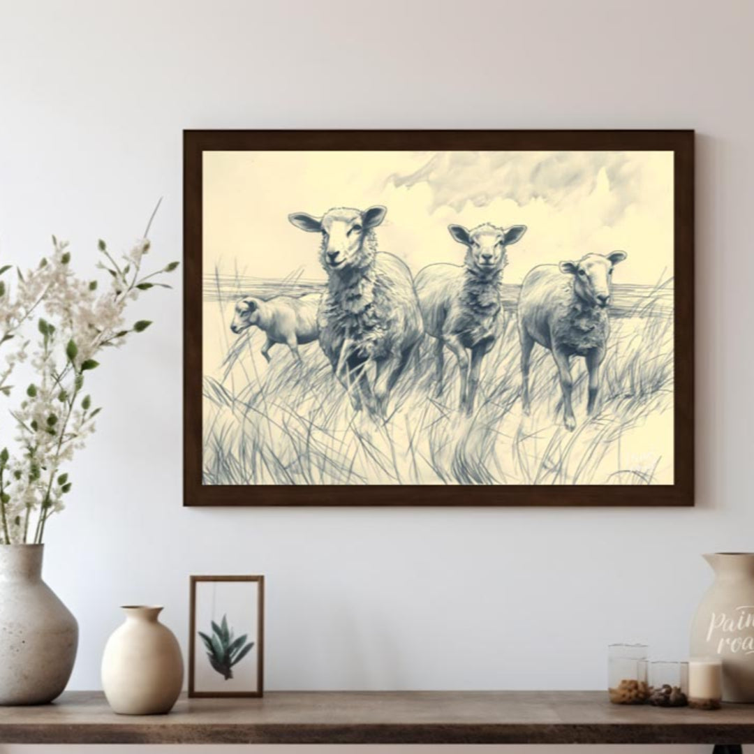 This charming pencil sketch depicts a group of sheep standing in a grassy meadow under a cloudy sky… for living room
