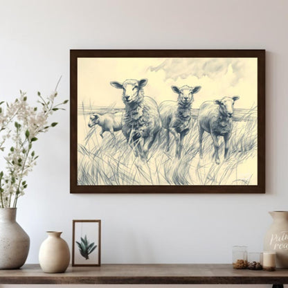 This charming pencil sketch depicts a group of sheep standing in a grassy meadow under a cloudy sky… for living room