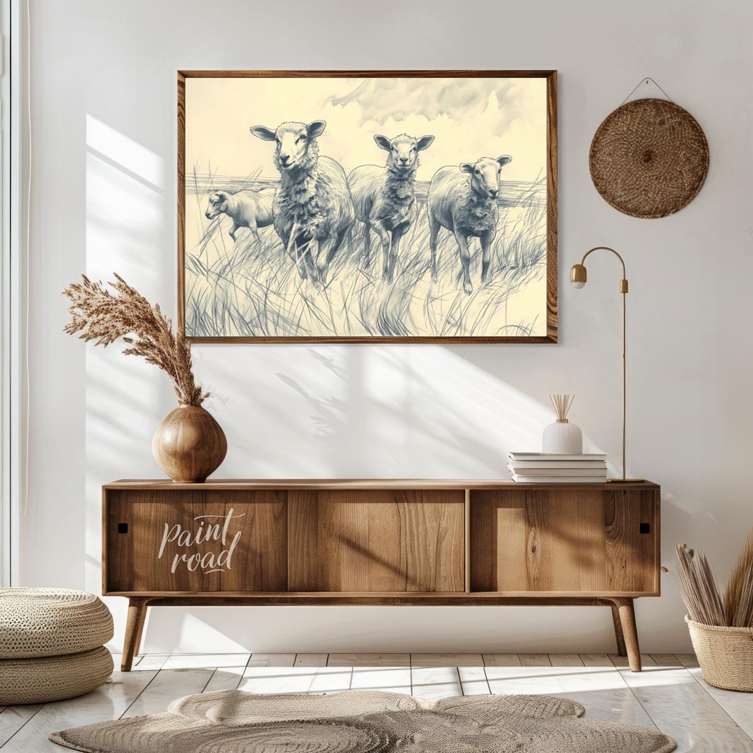 This charming pencil sketch depicts a group of sheep standing in a grassy meadow under a cloudy sky… for living room