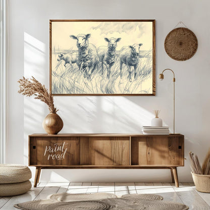 This charming pencil sketch depicts a group of sheep standing in a grassy meadow under a cloudy sky… for living room