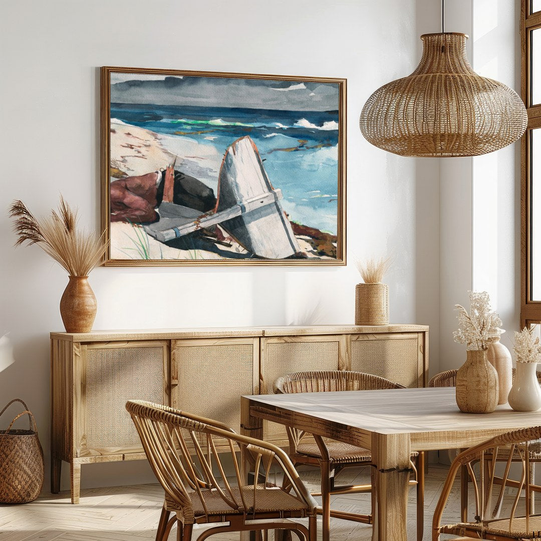 Immerse yourself in the tranquil beauty of 'Shipwrecked Serenity,' a captivating watercolor for Dining