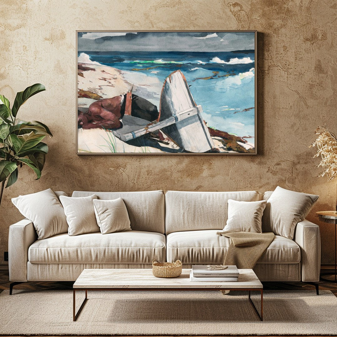Immerse yourself in the tranquil beauty of 'Shipwrecked Serenity,' a captivating watercolor for Family Room