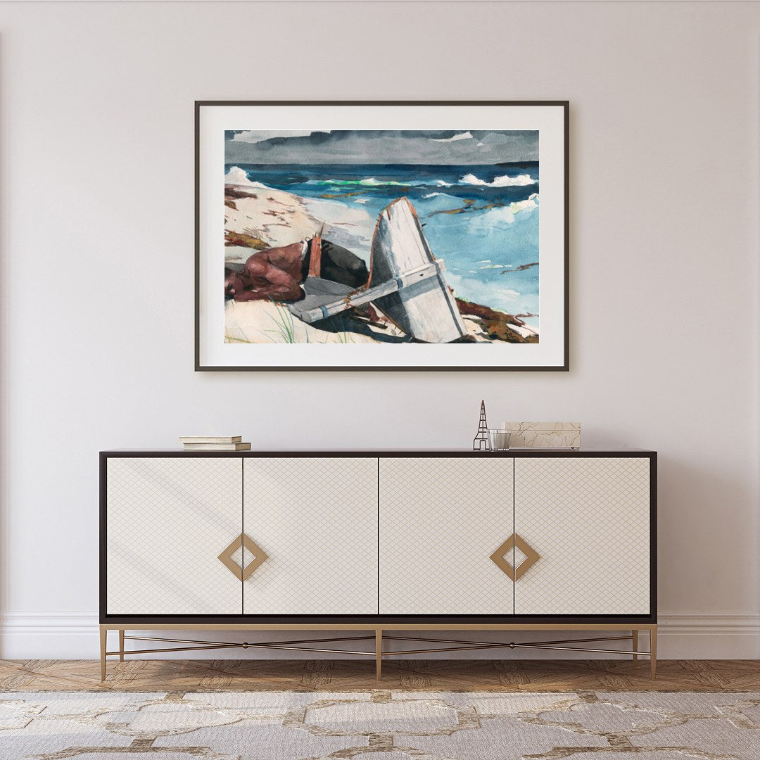 Immerse yourself in the tranquil beauty of 'Shipwrecked Serenity,' a captivating watercolor for Foyer