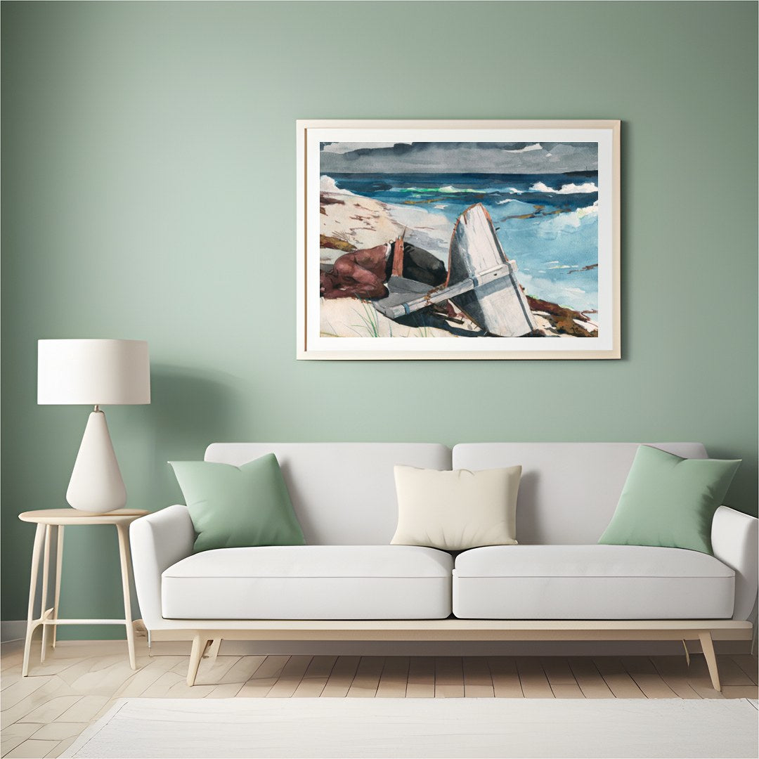 Immerse yourself in the tranquil beauty of 'Shipwrecked Serenity,' a captivating watercolor for Hall