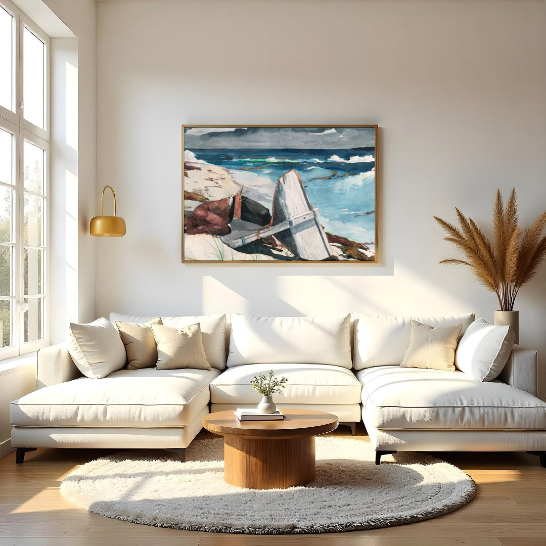 Immerse yourself in the tranquil beauty of 'Shipwrecked Serenity,' a captivating watercolor for Living Room