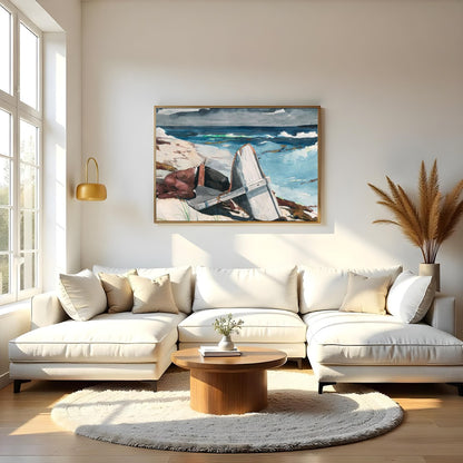 Immerse yourself in the tranquil beauty of 'Shipwrecked Serenity,' a captivating watercolor for Living Room