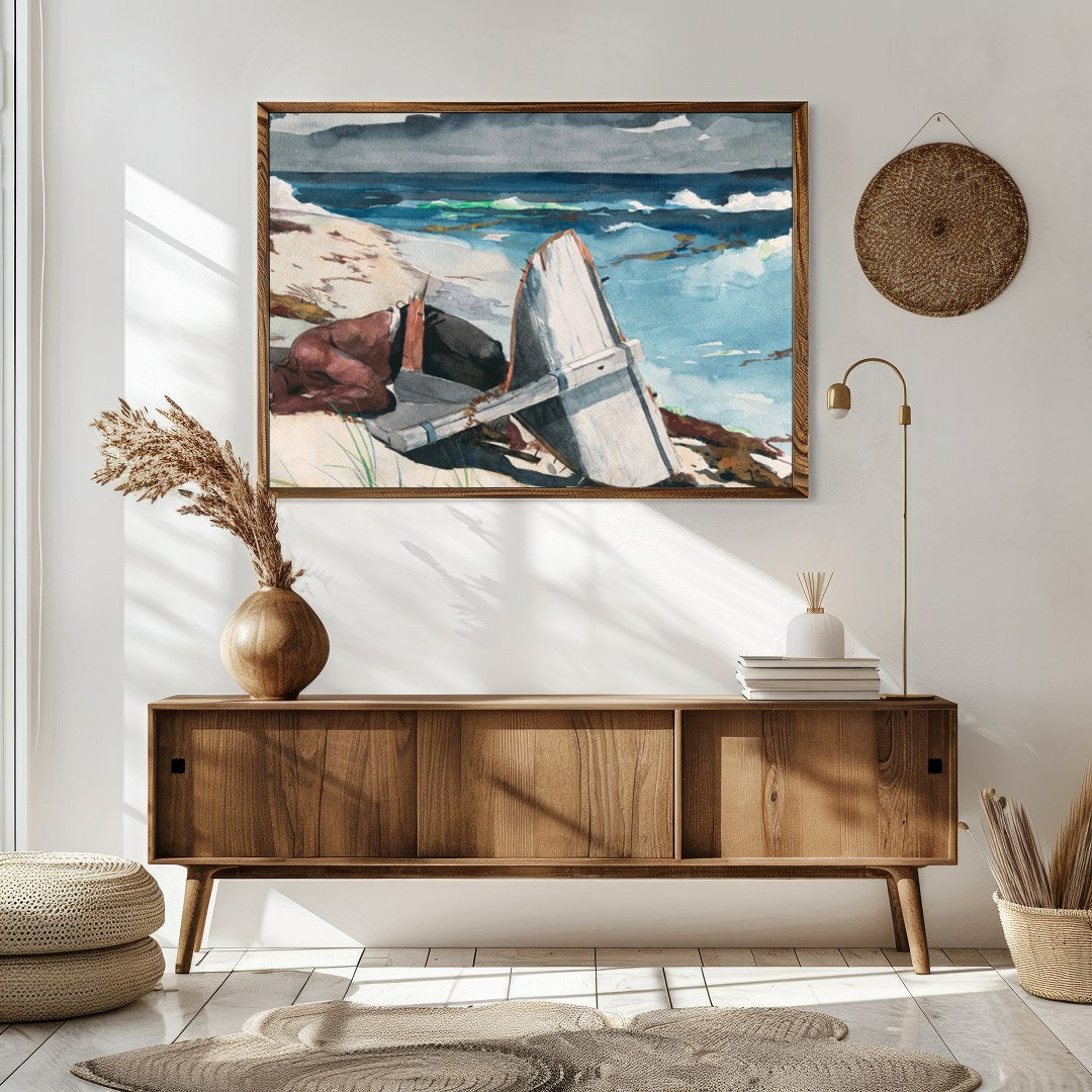 Immerse yourself in the tranquil beauty of 'Shipwrecked Serenity,' a captivating watercolor for Sitting Area