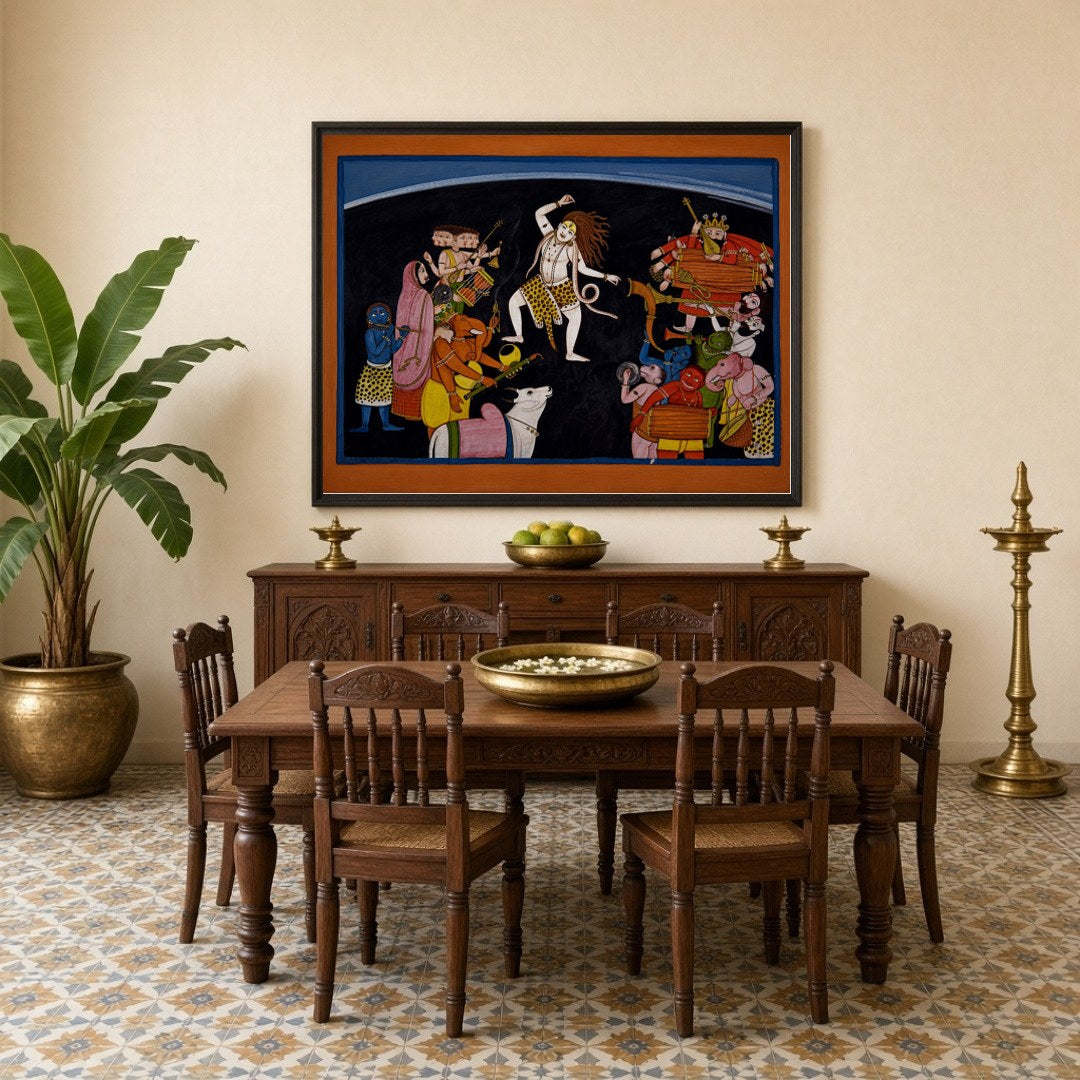 This enchanting artwork captures the essence of Shiva's dynamic dance surrounded by lively Ganas for Dining