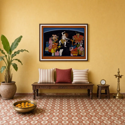 This enchanting artwork captures the essence of Shiva's dynamic dance surrounded by lively Ganas for Entrance