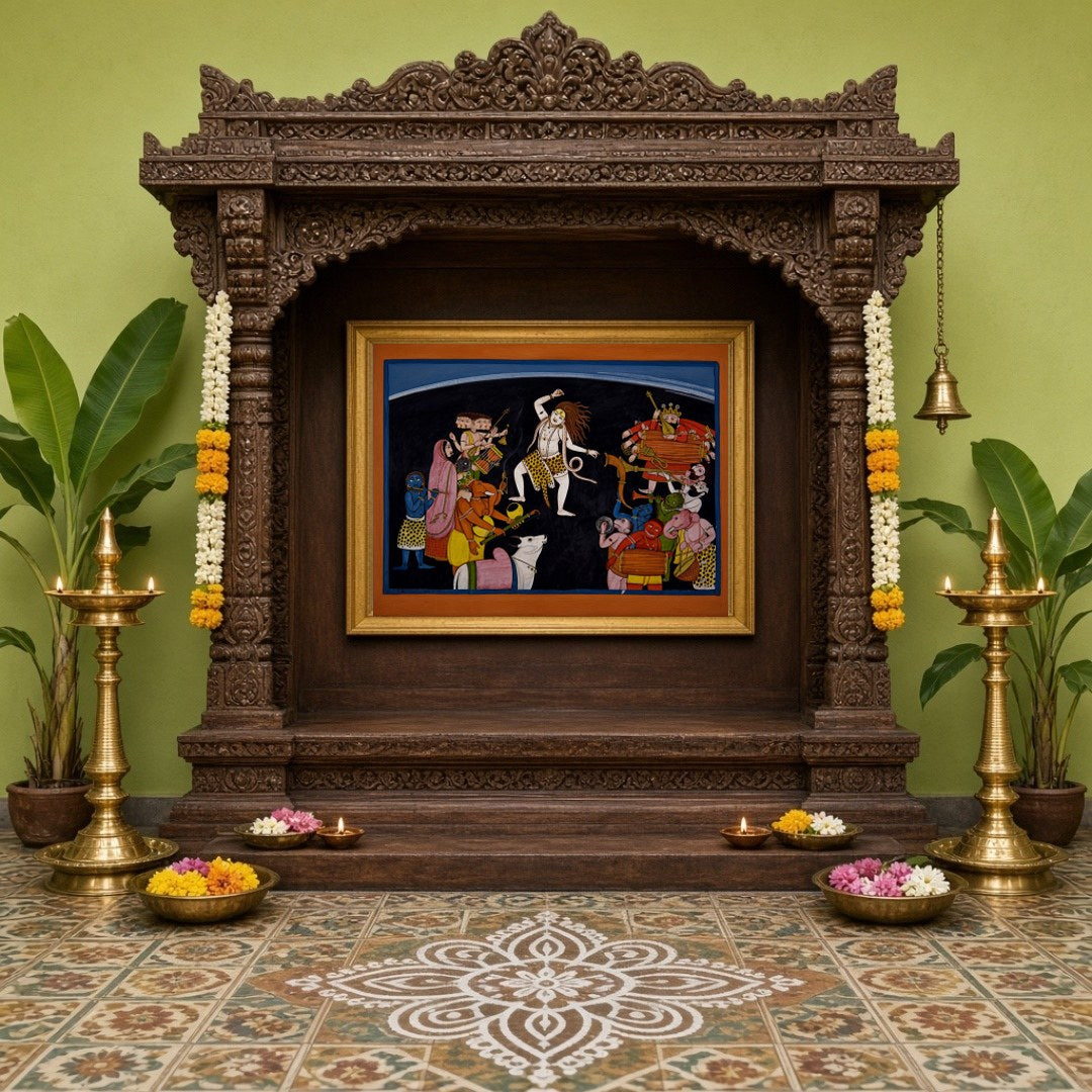 This enchanting artwork captures the essence of Shiva's dynamic dance surrounded by lively Ganas for Home Temple