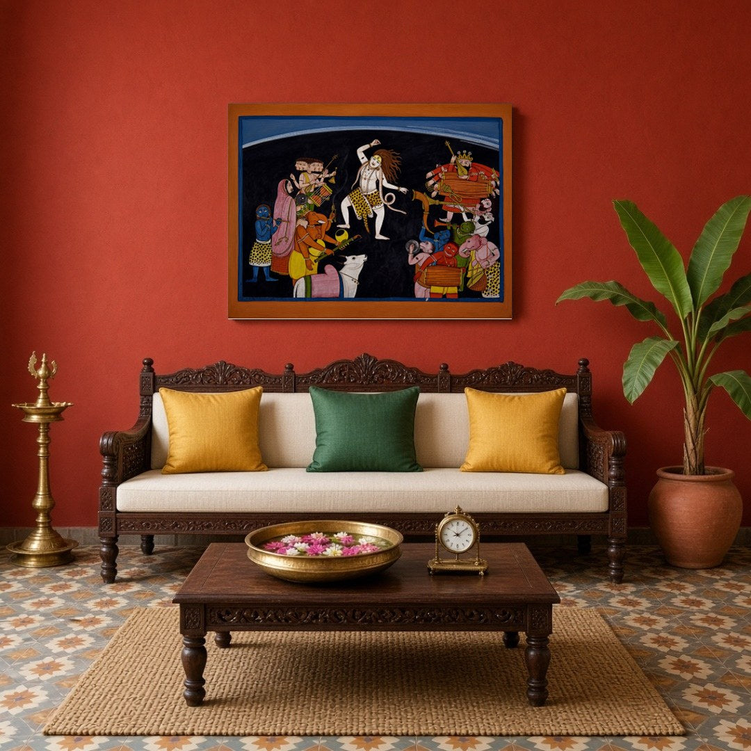 This enchanting artwork captures the essence of Shiva's dynamic dance surrounded by lively Ganas for Living Room