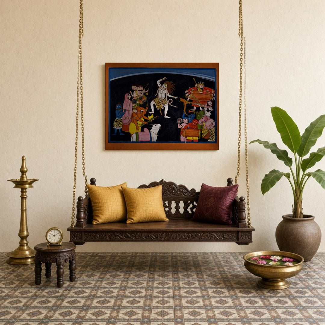 This enchanting artwork captures the essence of Shiva's dynamic dance surrounded by lively Ganas for Sitting Lounge