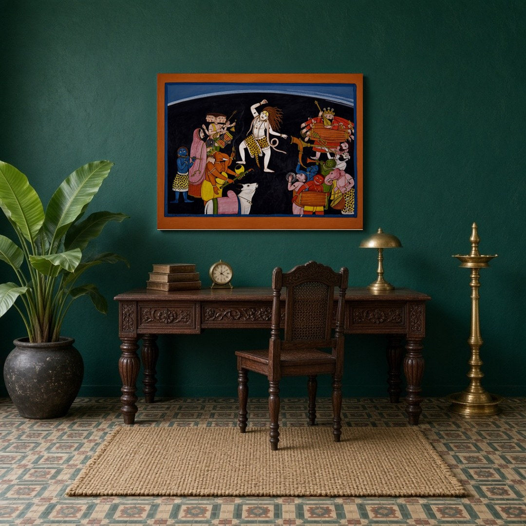 This enchanting artwork captures the essence of Shiva's dynamic dance surrounded by lively Ganas for Study