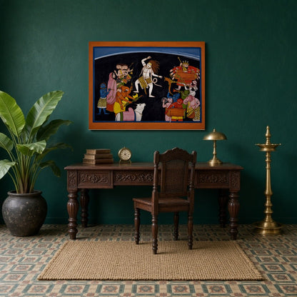 This enchanting artwork captures the essence of Shiva's dynamic dance surrounded by lively Ganas for Study