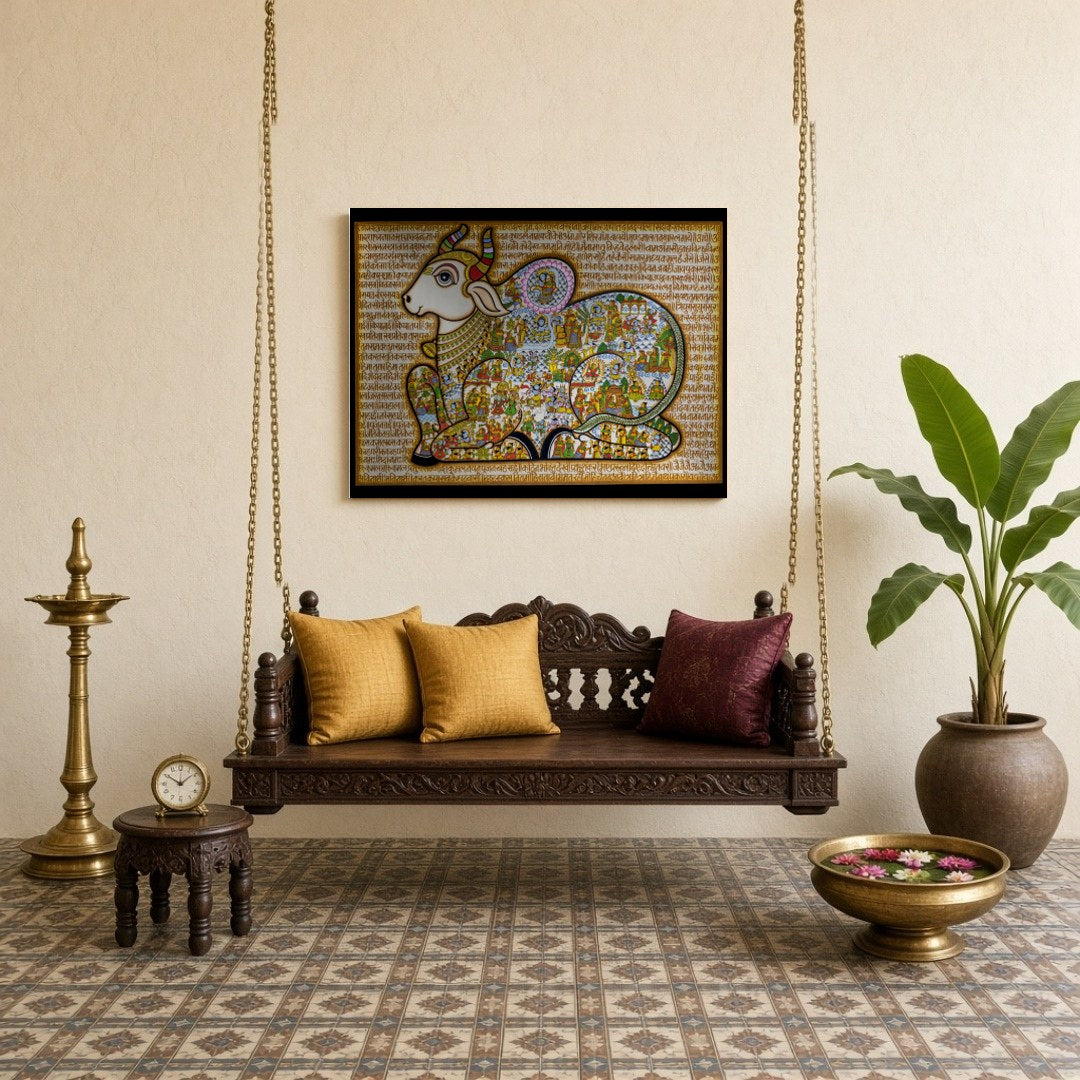 Dive into the rich tapestry of Indian mythology with this captivating Pichwai art, depicting Lord for Sitting Lounge