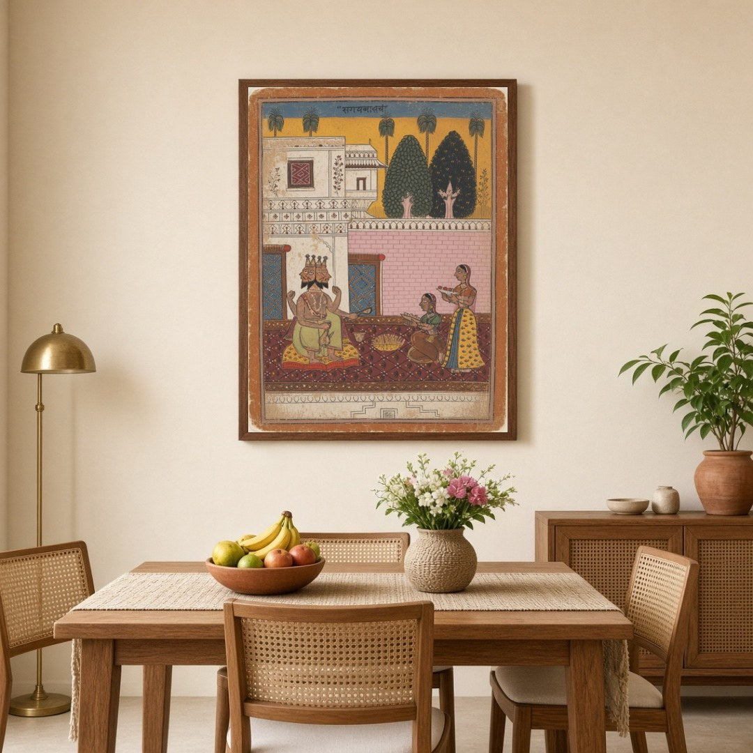 This captivating artwork showcases Lord Shiva in a regal pose, adorned with vibrant hues, as for Dining